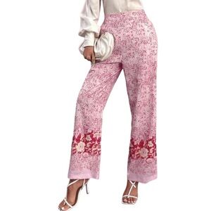 ZARA Linen Blend Paisley Floral Printed Pull On Wide Leg Trousers Size L NEW